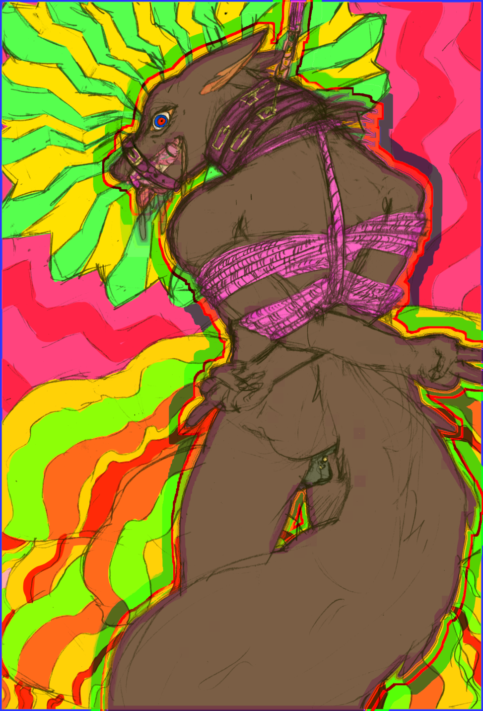 multimedia drawing of a brown wolf anthro bound in bright pink rope in a double collar with a leash that goes off canvas, he has a hafada stud piercing on the back of his scrotum, psychedelic colors surround him in pink, yellow, green, and reds around him added digitally